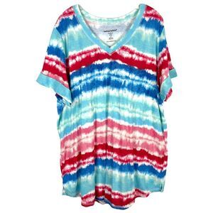 Woman Within Plus Size 1X 22W 24W Top Blue Red‎ Tie Dye Striped V Neck 1652